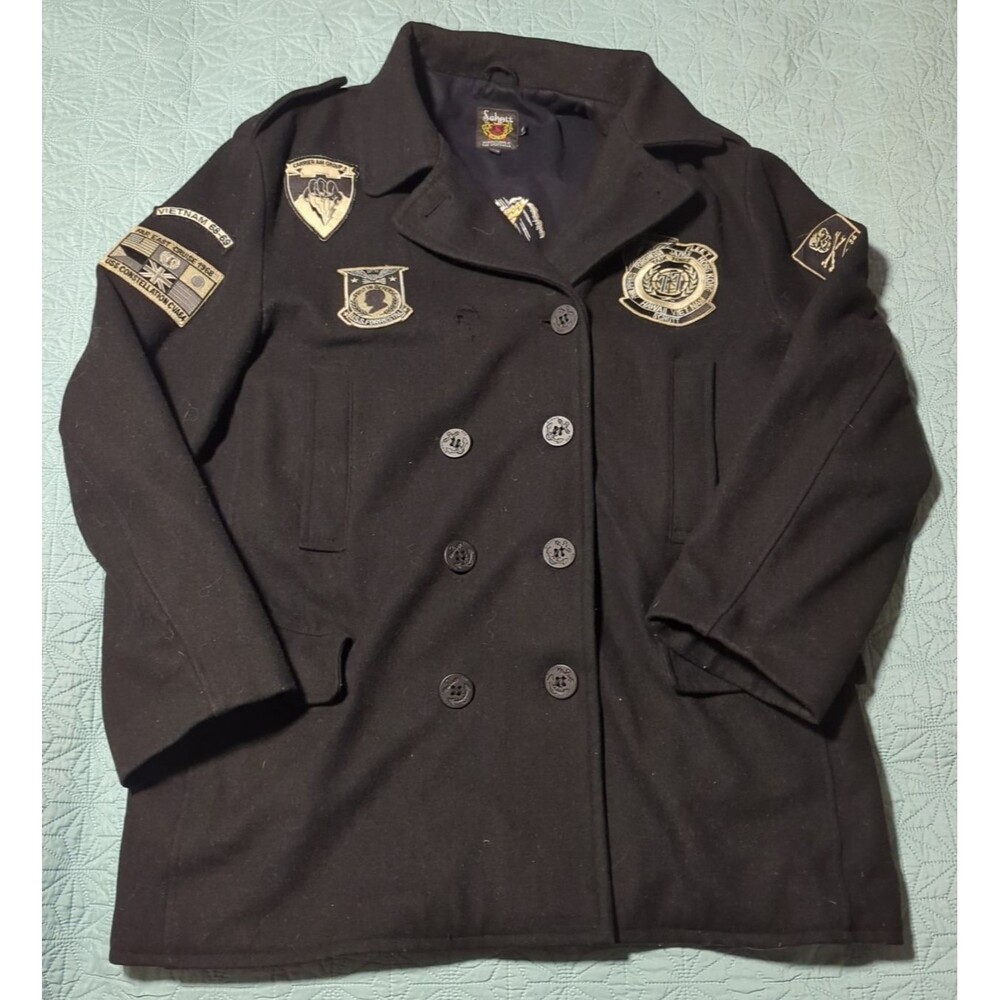 Schott US Navy Patch Black Wool Pea Coat 3XL Cuba Korea China Japan Vietnam